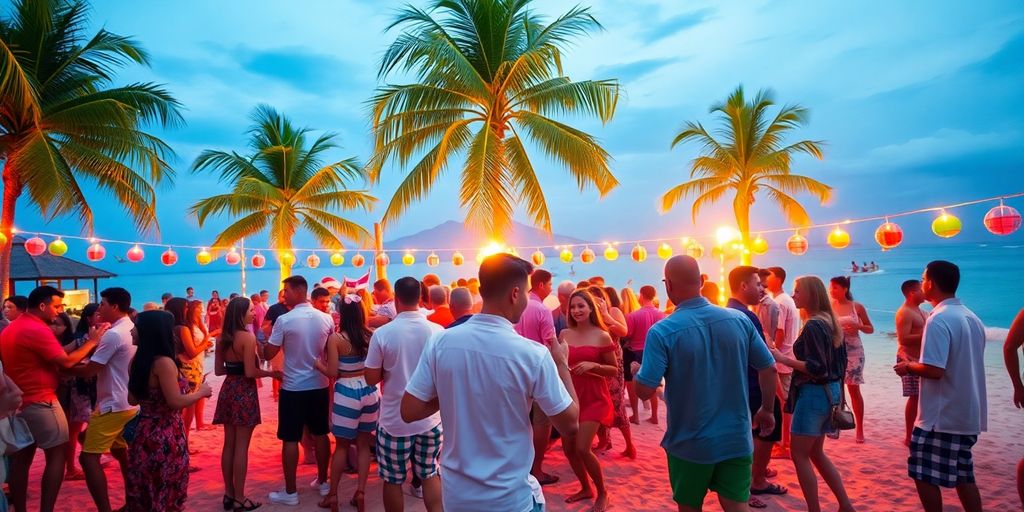 Couples enjoying a lively beach party in Thailand