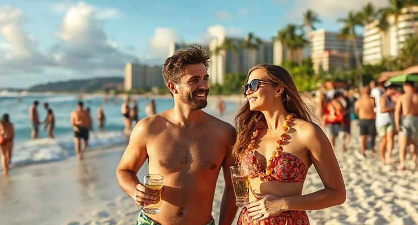 Couples enjoying a lively beach scene in Honolulu