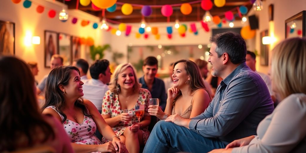 Couples enjoying a lively social event in a cozy setting
