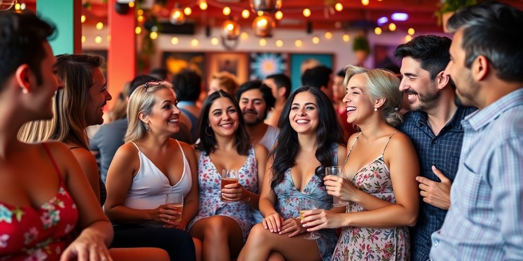 Couples enjoying a lively social gathering in a vibrant setting
