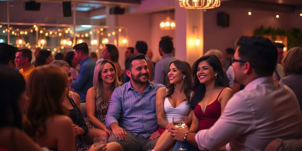 Couples enjoying a lively swinger event atmosphere