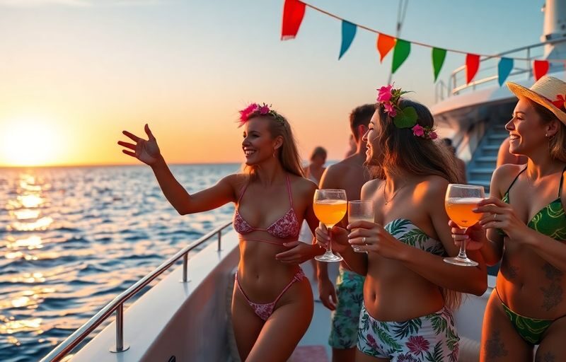 Couples enjoying a lively yacht party at sunset