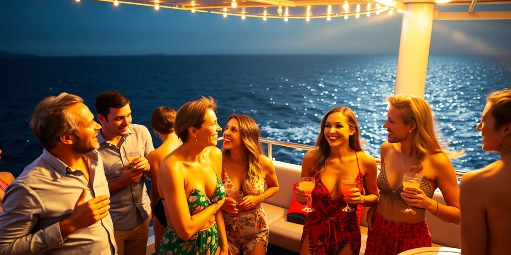 Couples enjoying a lively yacht party by the ocean