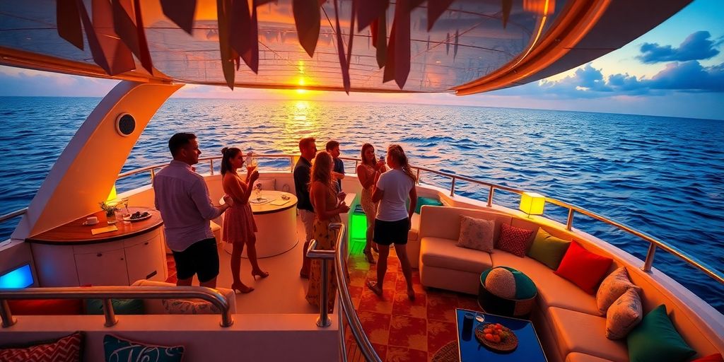 Couples enjoying a lively yacht party at sunset