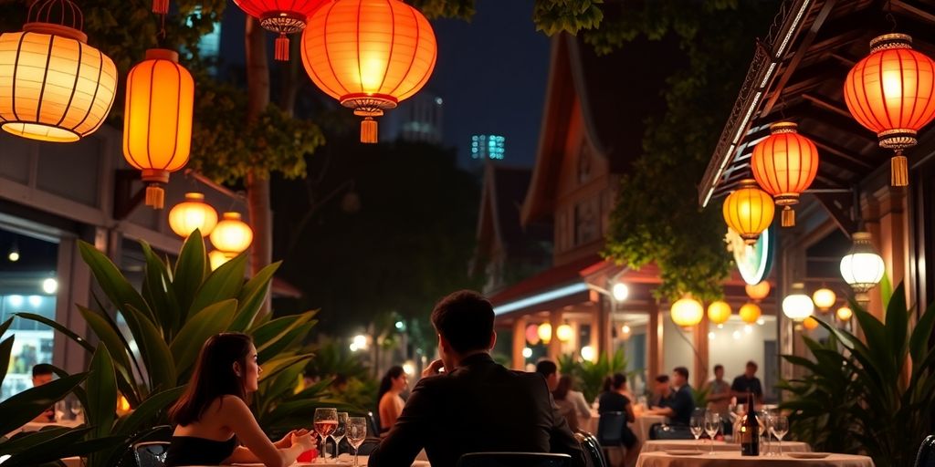 Couples enjoying a romantic dinner on a Bangkok street