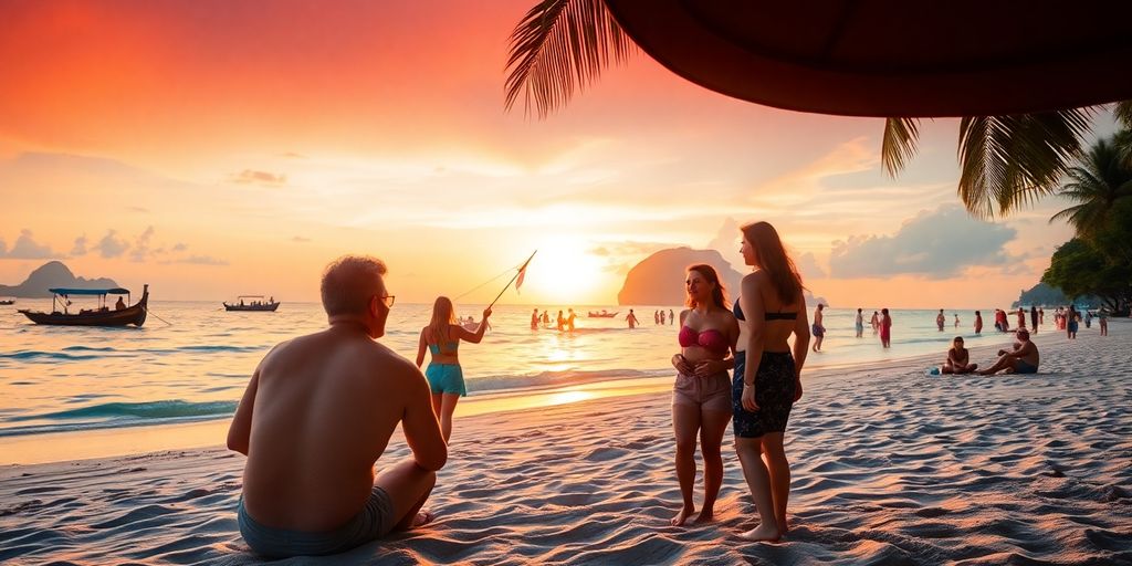 Couples enjoying a sunset on a Thai beach.