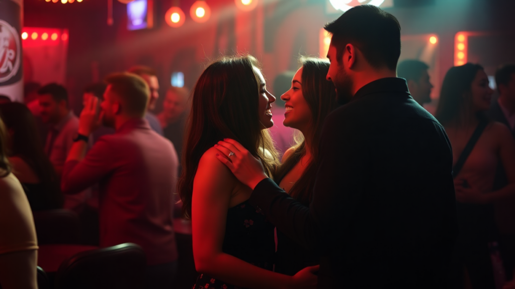 Couples enjoying an intimate atmosphere in a swinger club