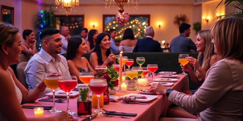 Couples enjoying drinks at a stylish party setting