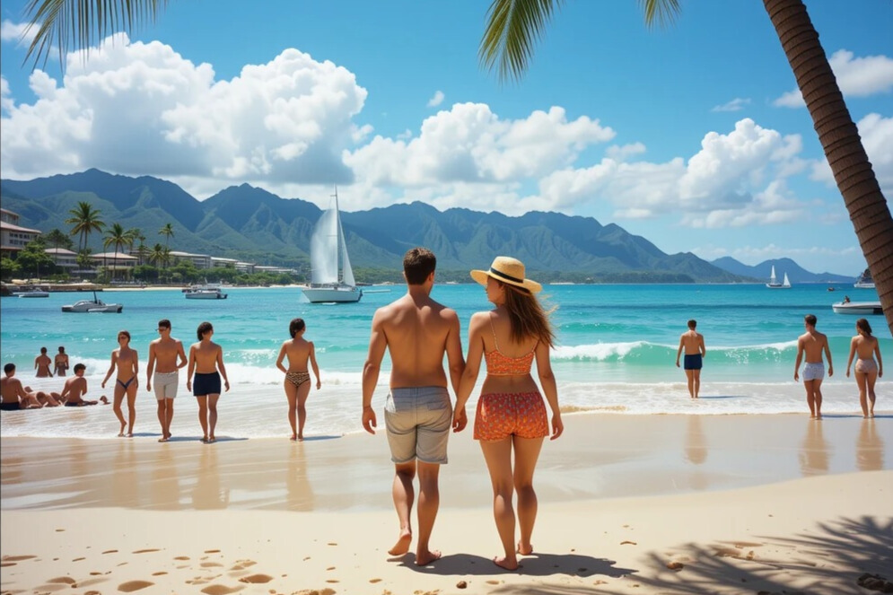 Couples enjoying vibrant beach life in Honolulu