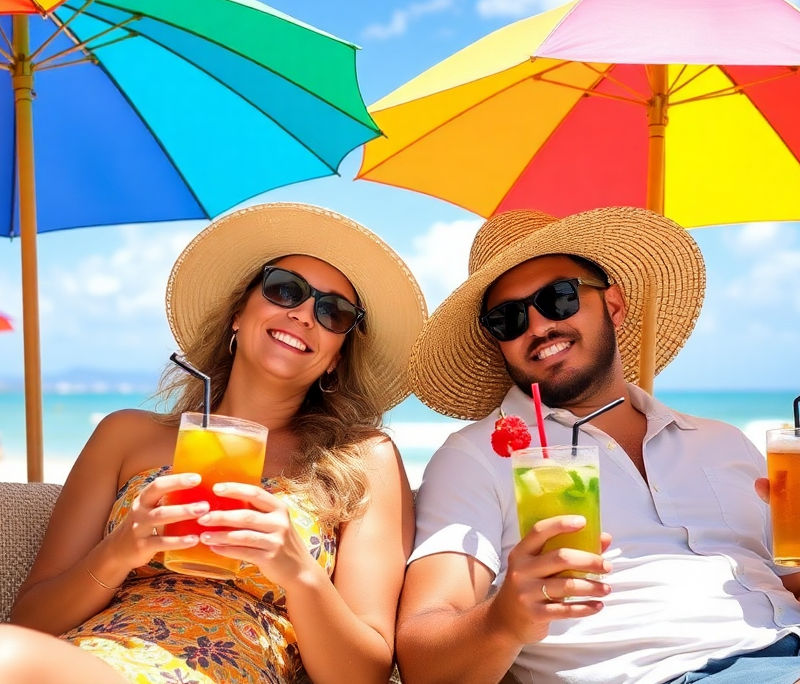 Couples relaxing under colorful umbrellas with tropical drinks, enjoying the warm sun and ocean breeze in Honolulu