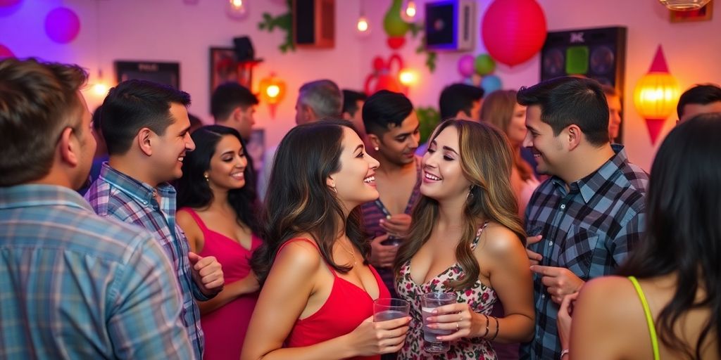 Couples socializing in a lively, flirtatious gathering