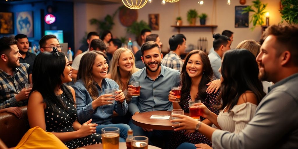 Couples socializing in a lively, inviting gathering atmosphere