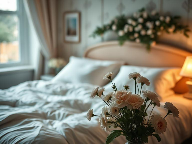 Cozy bedroom scene with soft lighting and flowers.