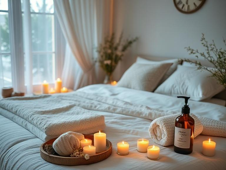 Cozy bedroom with candles, pillows, and massage oil