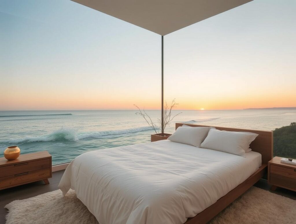 Cozy bedroom with soft lighting and a water splash