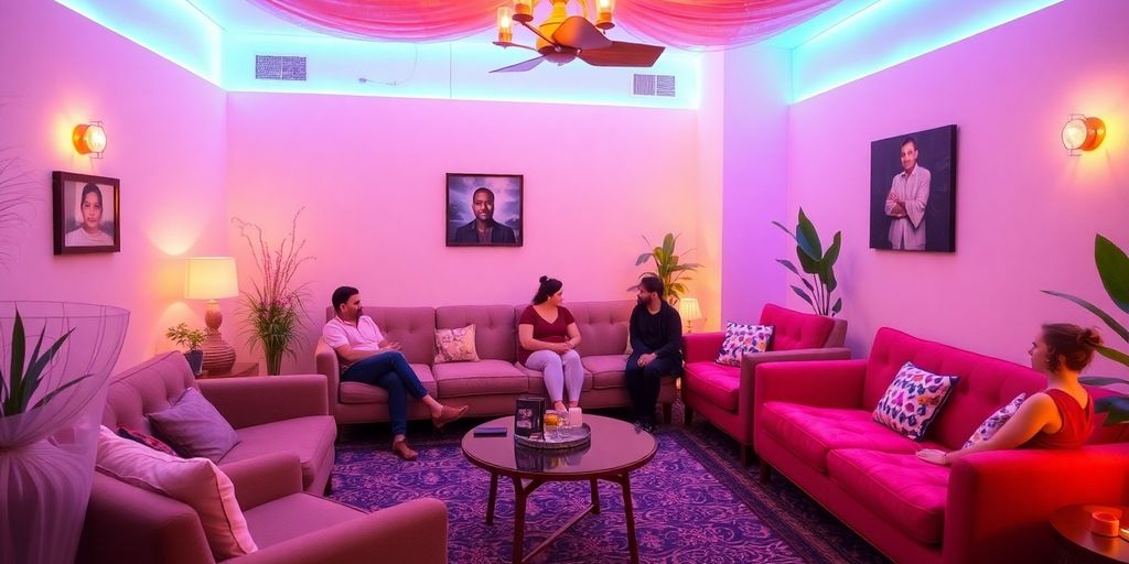 Cozy group setting with soft lighting and comfortable seating