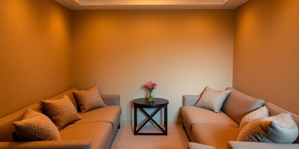 Cozy room with soft lighting and comfortable seating.