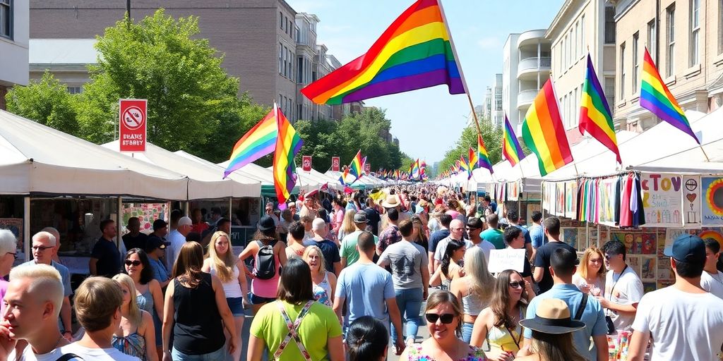 Crowds celebrating at Market Days festival with rainbow flags.