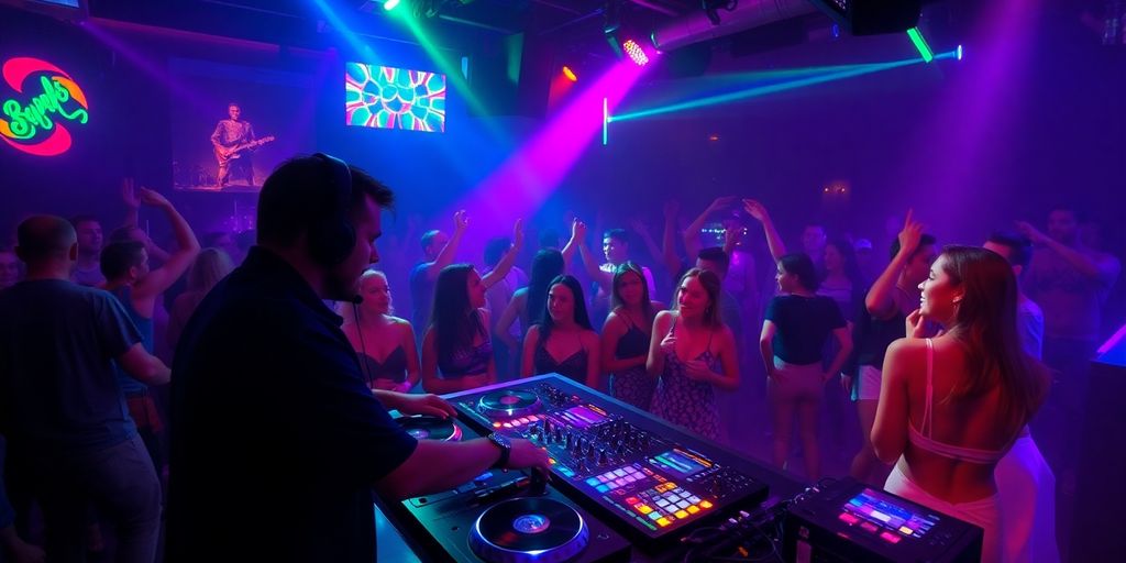 DJ performing at a vibrant Ibiza nightclub with dancers.