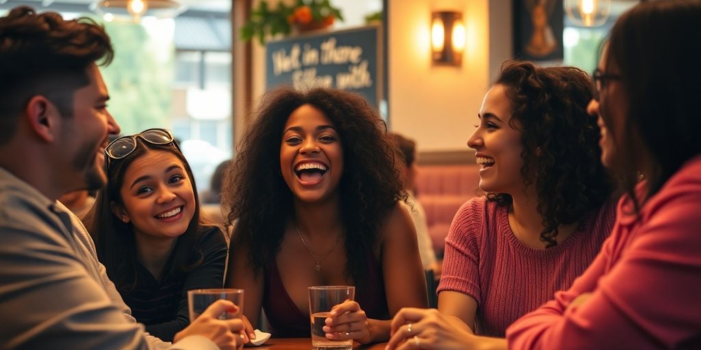 Diverse Gen Z friends laughing and sharing stories at caf&eacute;.