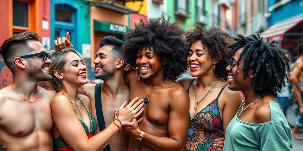 Diverse LGBTQ+ group interacting joyfully in an urban setting.