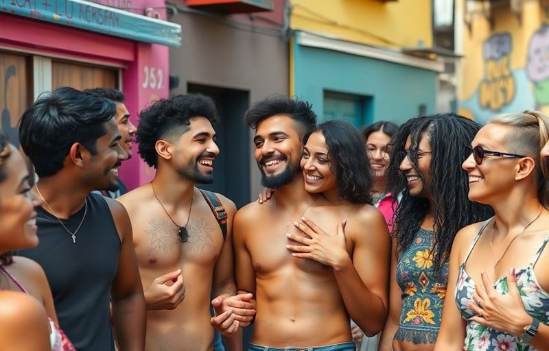 Diverse LGBTQ+ individuals joyfully engaging in candid conversations.