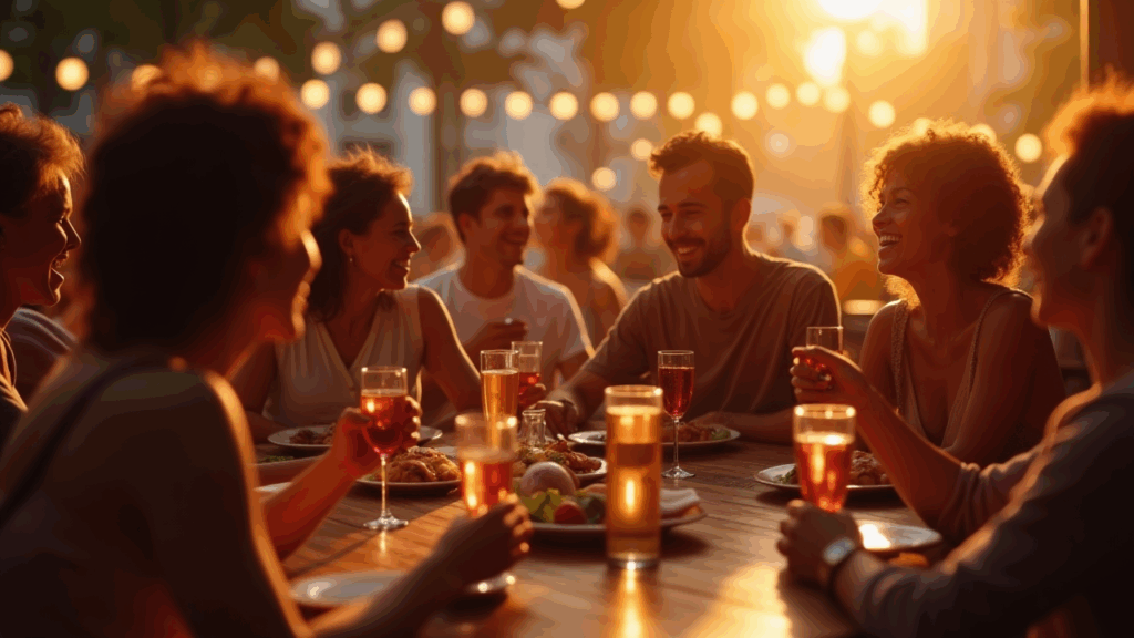 Diverse adults enjoying a lively social gathering together