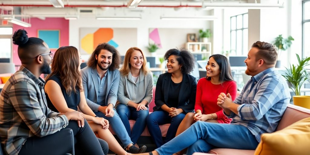 Diverse colleagues discussing openly in a vibrant office space.