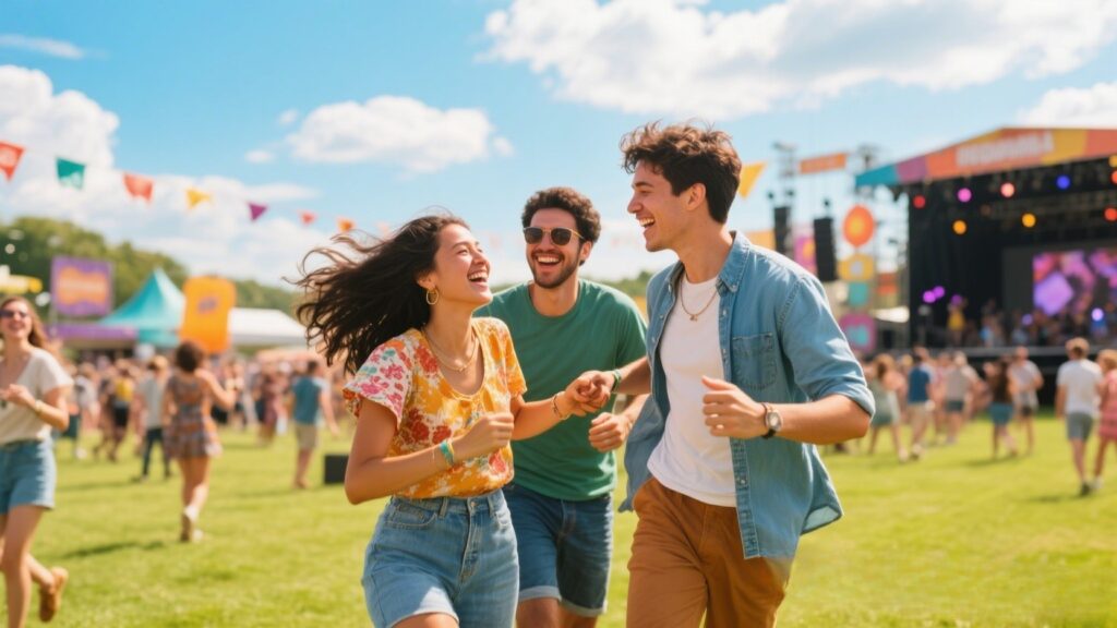 Diverse couples enjoying a lively outdoor event together.