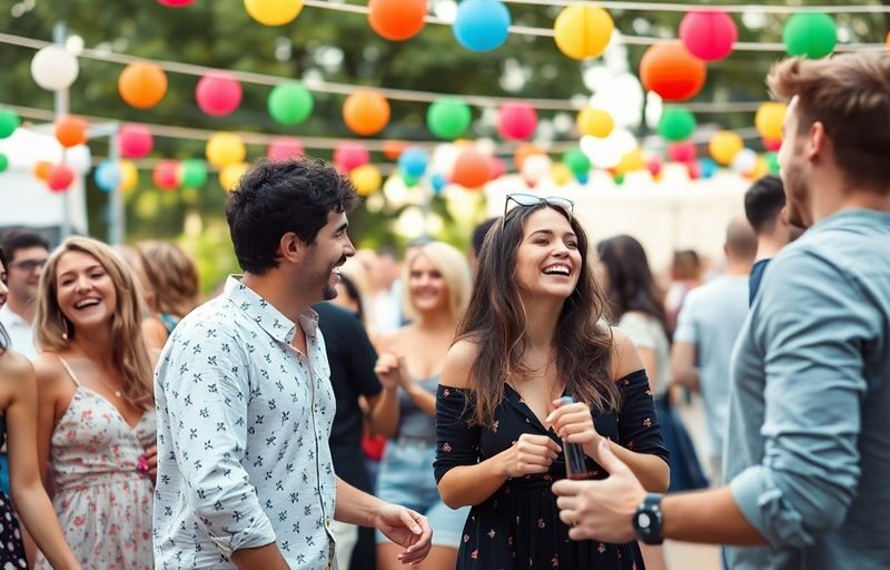 Diverse couples enjoying a lively outdoor gathering together