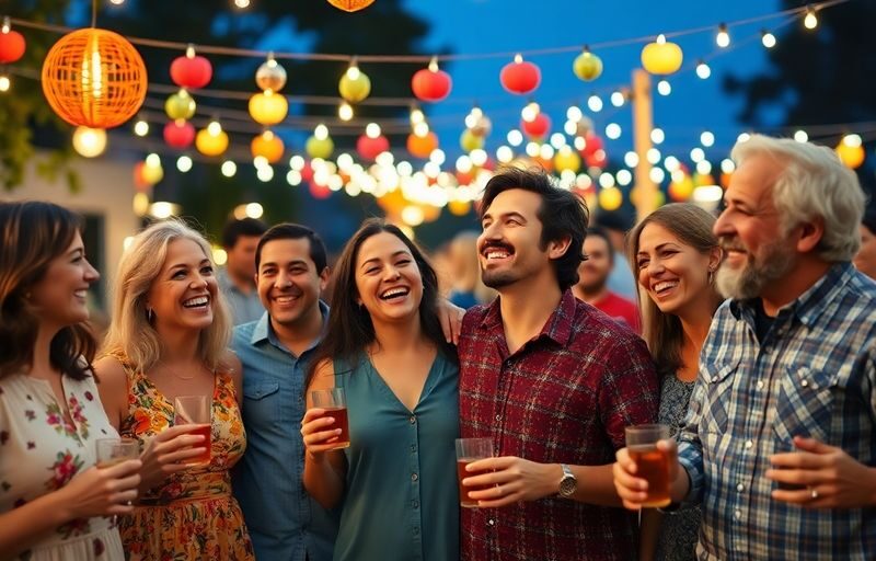 Diverse couples enjoying a lively outdoor gathering together.
