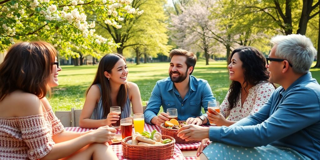 Diverse couples enjoying a picnic in a sunny park