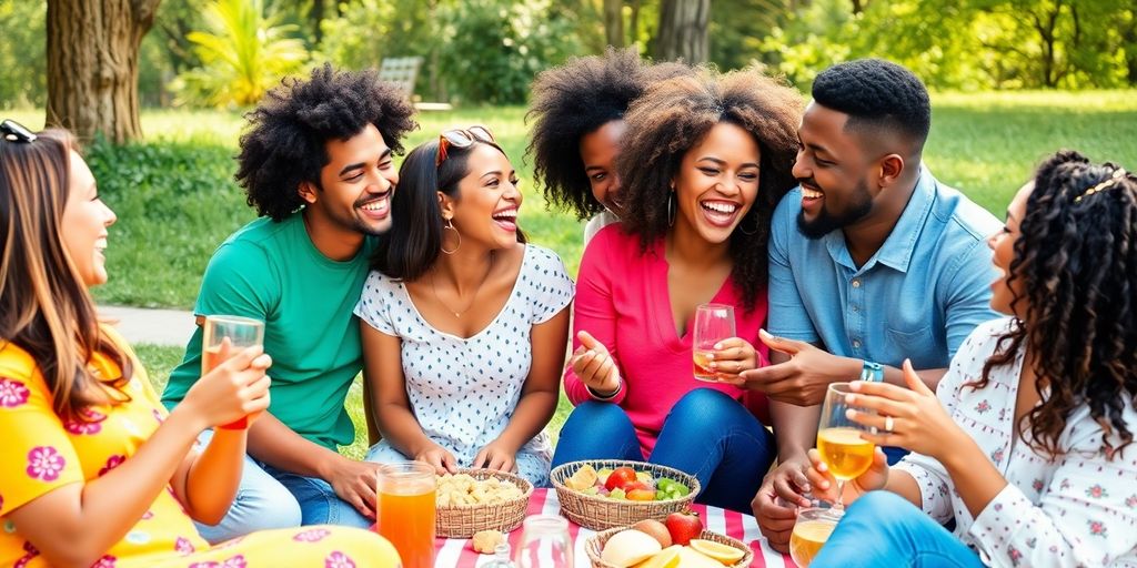 Diverse couples enjoying a picnic in nature