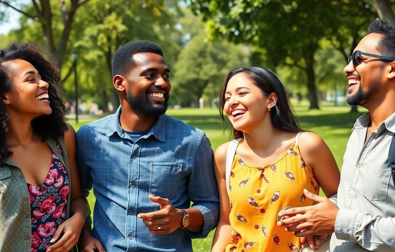 Diverse couples laughing and enjoying time together outdoors