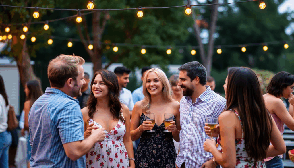 Diverse couples socializing at a swinger party outdoors