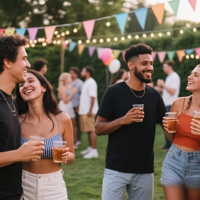 Diverse couples socializing at an outdor swinger party