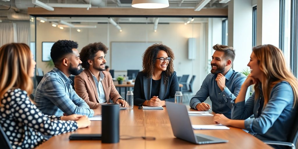 Diverse coworkers engaging in open discussion at a table.
