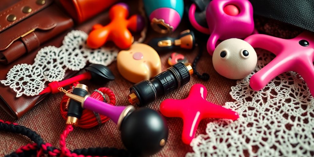 Diverse fetish items arranged artistically on a textured surface.