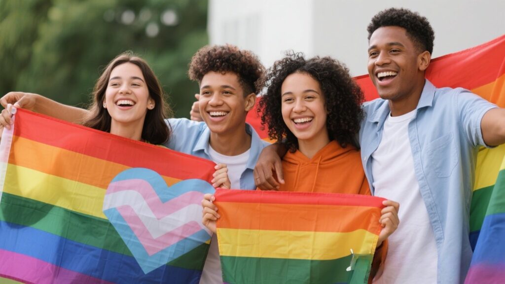 Diverse friends celebrating bisexuality with rainbow flags.