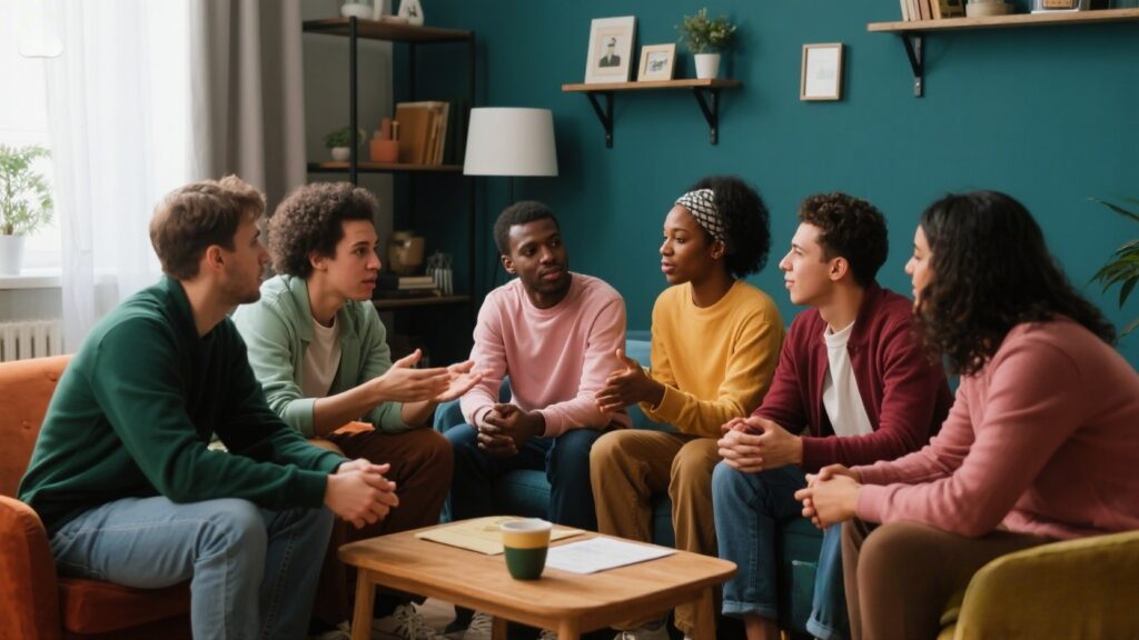Diverse group discussing sexual taboos in a cozy environment.
