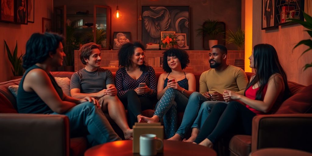 Diverse group discussing sexual wellness in a cozy setting.