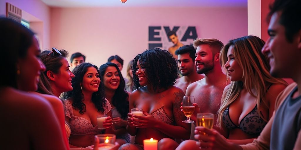Diverse group enjoying a cozy meetup in intimate setting.