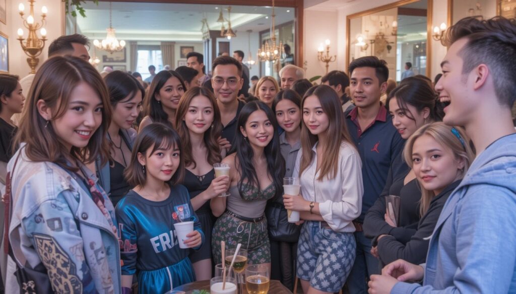 Diverse group enjoying a social gathering in warm ambiance.