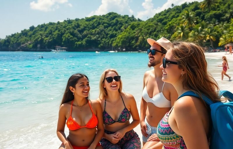 Diverse group enjoying a sunny beach getaway together.