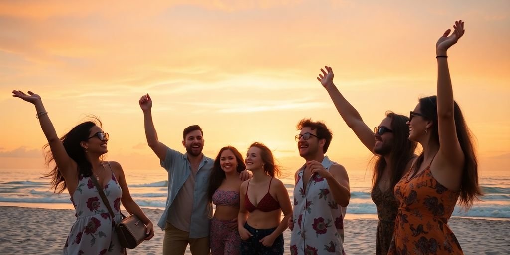 Diverse group enjoying a sunset at a beach getaway.
