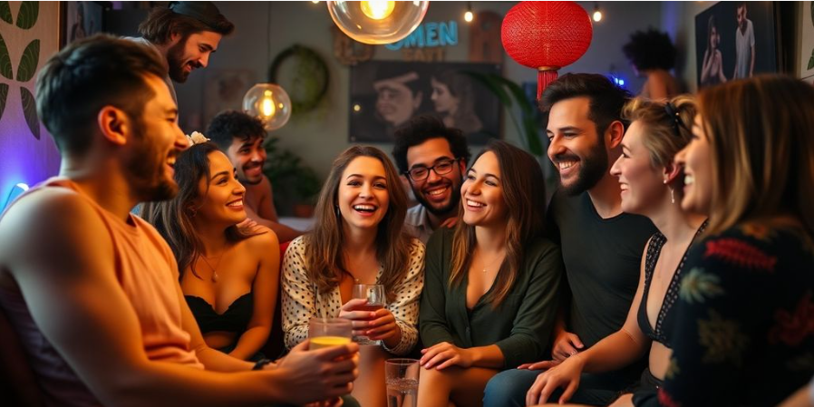 Diverse group enjoying an intimate polyamorous gathering