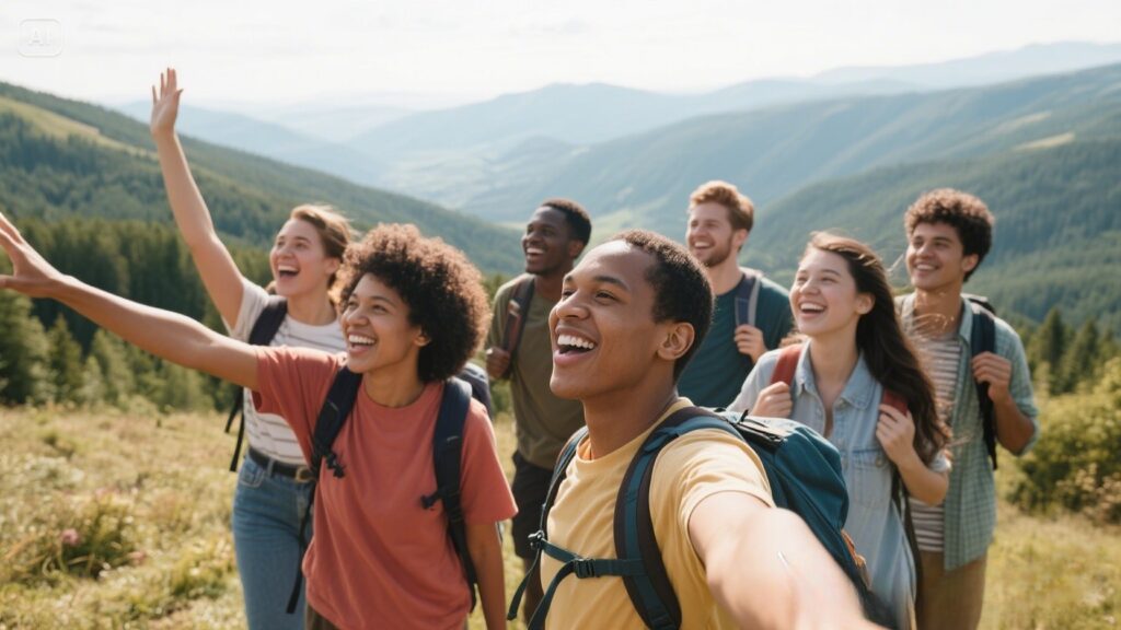 Diverse group of friends enjoying a scenic outdoor adventure
