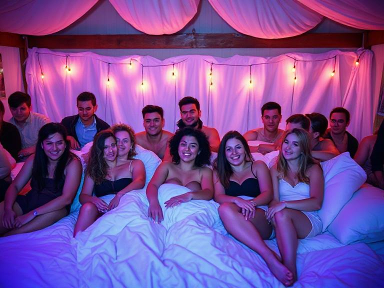 Diverse group of people enjoying a lively orgy event