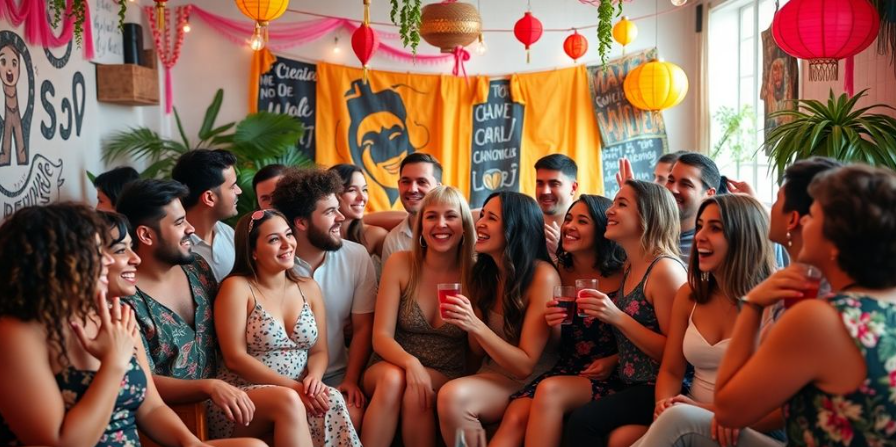 Diverse group of people enjoying a lively social gathering