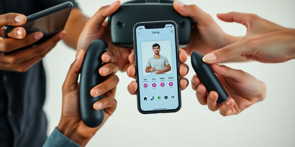 Diverse hands holding sex-related technology devices.